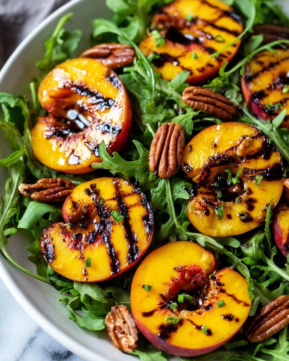 Grilled Peach Salad with Honey Vinaigrette, Candied Curry Pecans, and Arugula Recipe - Recipe Image