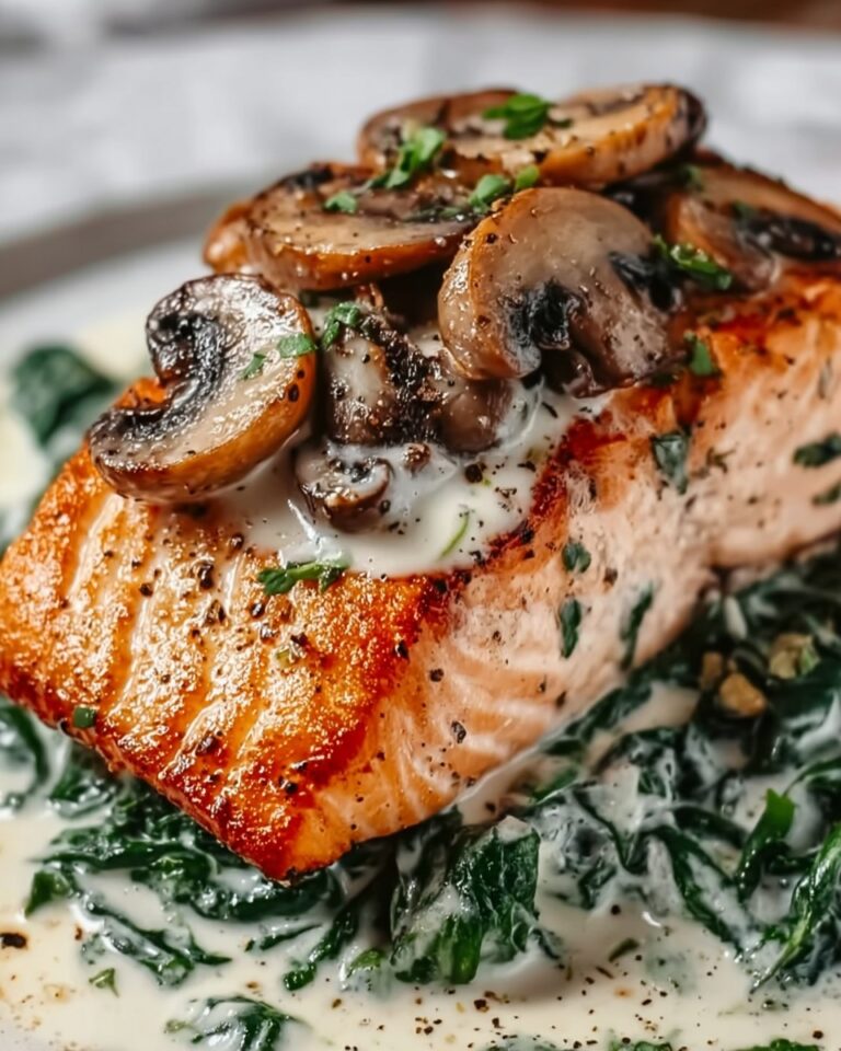 Garlic Butter Salmon with Spinach and Mushrooms in Creamy Parmesan Sauce Recipe