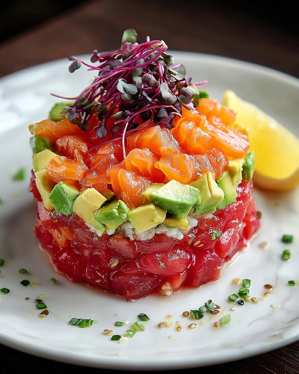 Salmon Tartare with Beetroot, Avocado, and Lemon Vinaigrette Recipe - Recipe Image