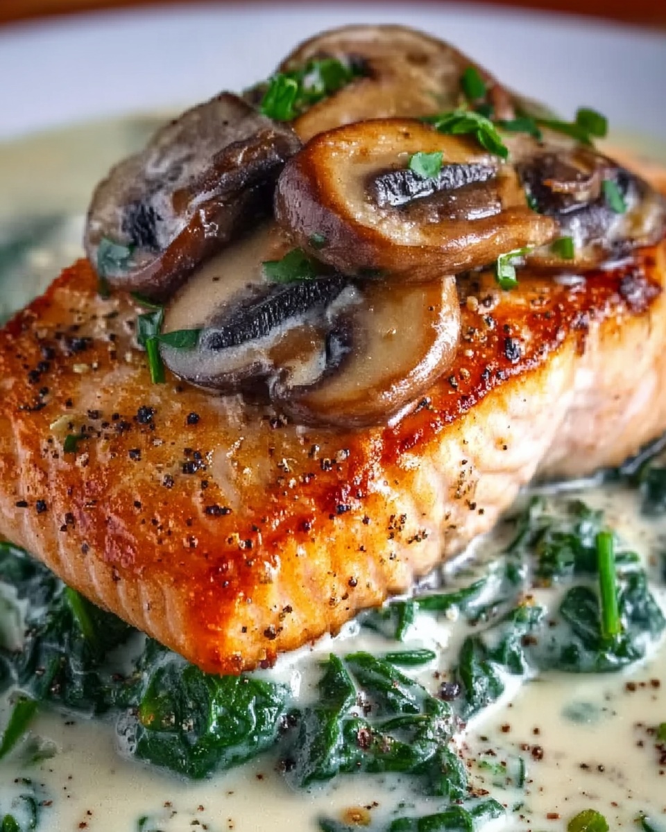 Garlic Butter Salmon with Spinach and Mushrooms in Creamy Parmesan Sauce Recipe - Recipe Image