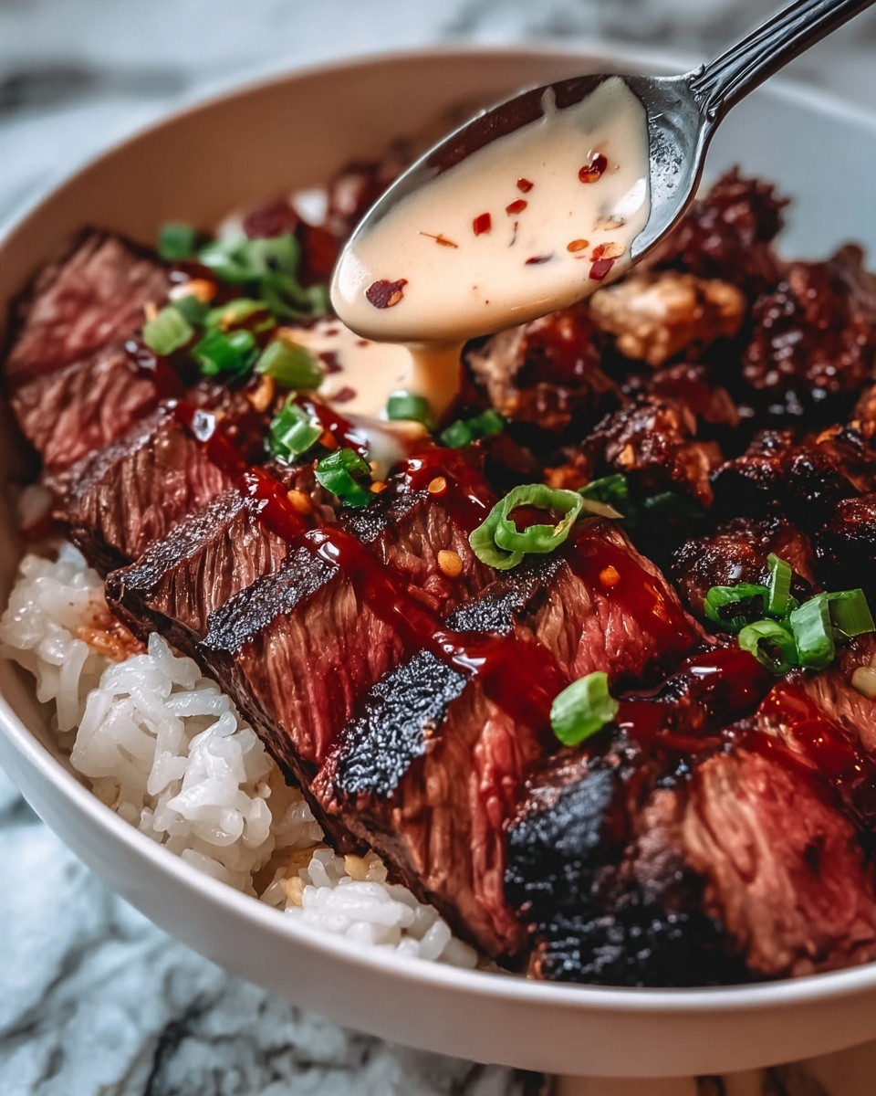 Korean BBQ Steak Rice Bowls with Spicy Cream Sauce Recipe - Recipe Image