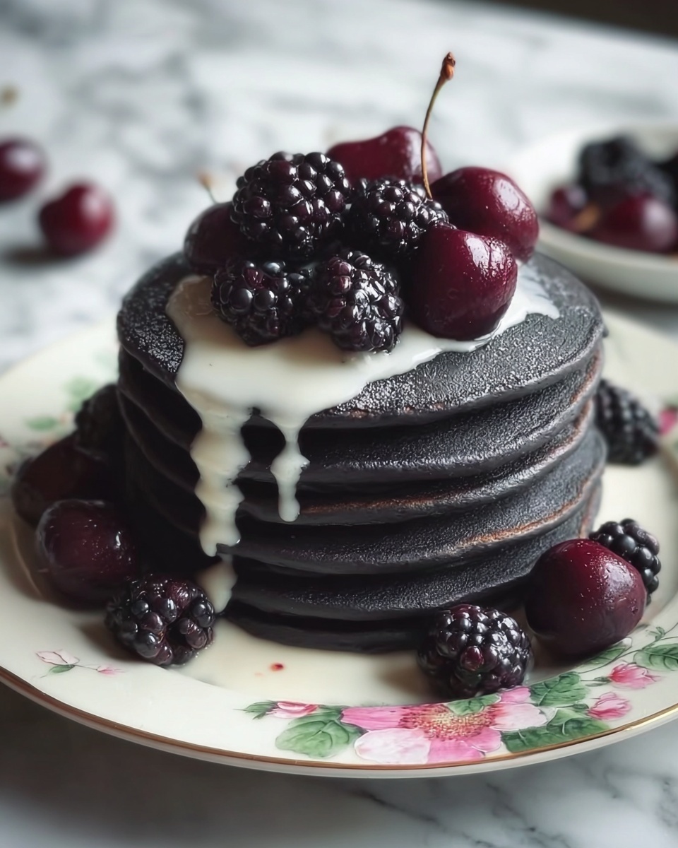 Activated Charcoal Pancakes with Blackberry Compote Recipe - Recipe Image