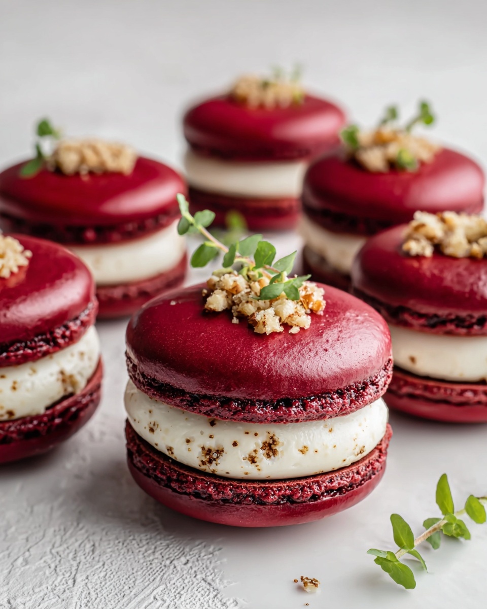 Savory Beet Macarons with Goat Cheese & Walnut Crunch Recipe - Recipe Image