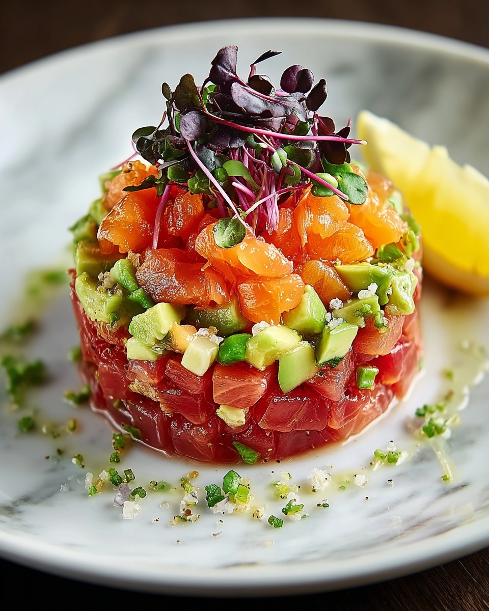 Salmon Tartare with Beetroot, Avocado, and Lemon Vinaigrette Recipe - Recipe Image