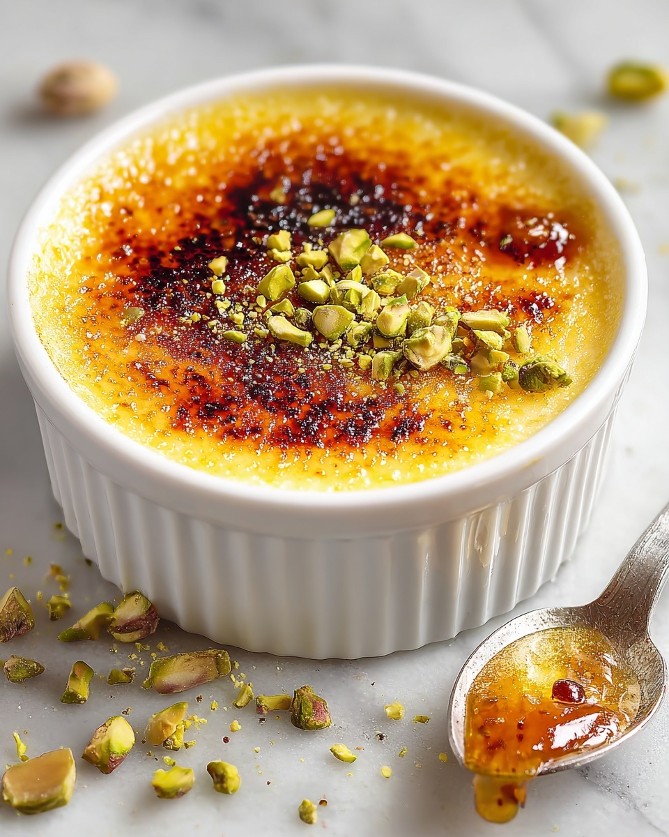 White Chocolate Lavender Brûlée with Pistachio Crunch Recipe - Recipe Image