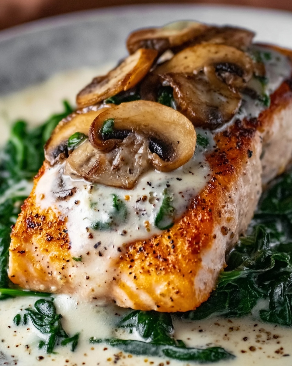 Garlic Butter Salmon with Spinach and Mushrooms in Creamy Parmesan Sauce Recipe - Recipe Image