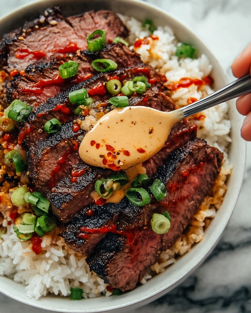 Korean BBQ Steak Rice Bowls with Spicy Cream Sauce Recipe - Recipe Image