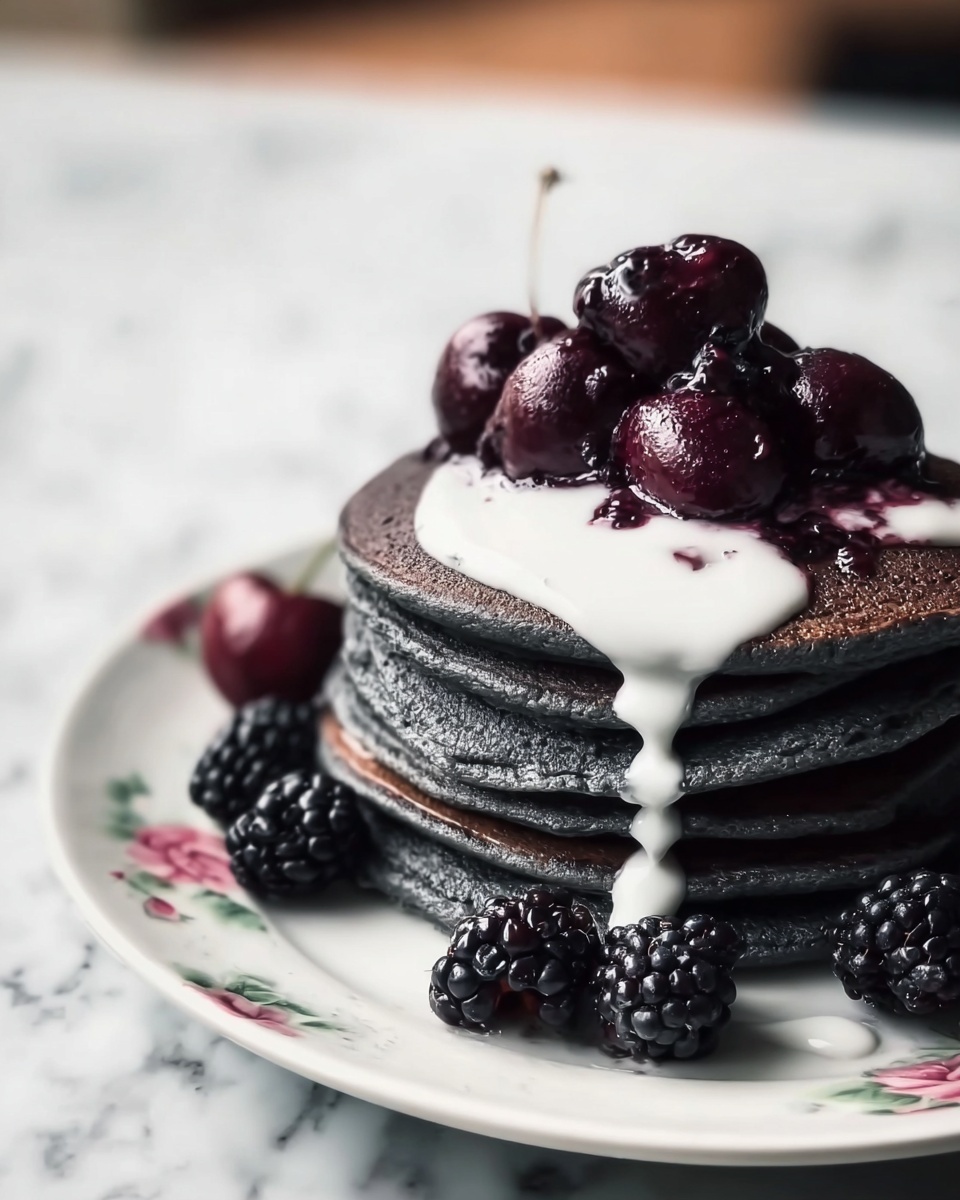 Activated Charcoal Pancakes with Blackberry Compote Recipe - Recipe Image